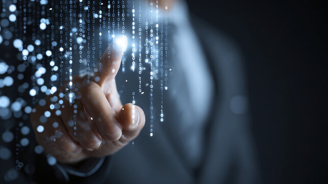 A person is interacting with a futuristic digital interface. His fingertip is pointing to glowing streams of data