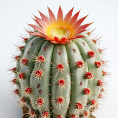 Plump globe cactus shows deep vertical ribs, bluish body, red areoles and radiating pale yellow spines. A blazing orange blossom crowns the top, fading to yellow at center, set against a backdrop
