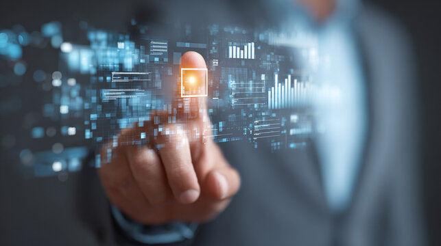 A person's finger touching a glowing digital interface, representing modern technology and data analysis