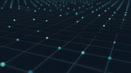 Abstract dark blue background with grid lines and floating spheres perspective view