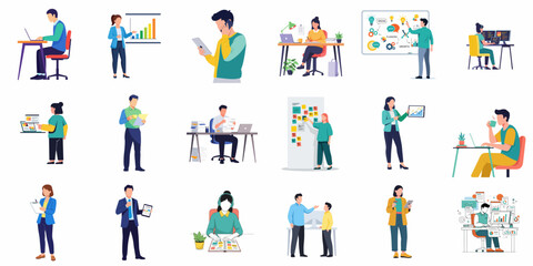 Flat Style Diverse Business People Working on Different Task Illustration
