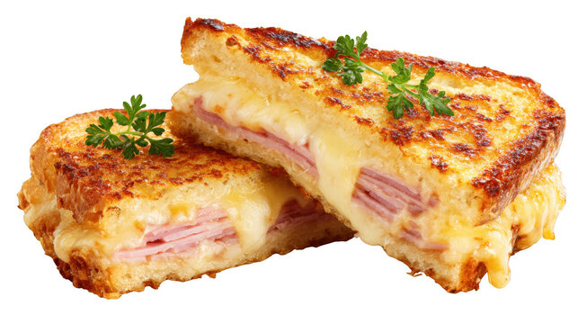Gourmet croque monsieur cut in half showing ham and cheese filling, isolated on transparent background, elegant food styling, crisp lighting