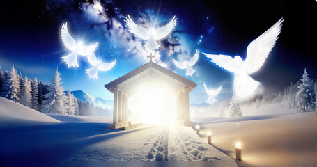 The Glory Of God Sending His Powerful Messenger Angels Of Light And Brilliance Shining In Heavenly Glory Announcing The Holy Birth Of Jesus His Son In A Peaceful Calm Winter Serene Background Of Snow 