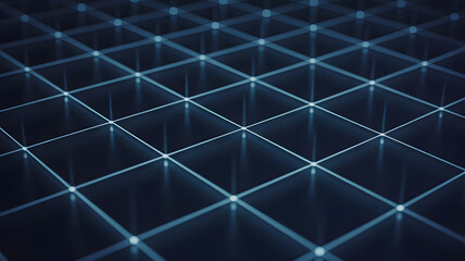 Perspective view of a dark blue grid with glowing nodes and intersecting lines