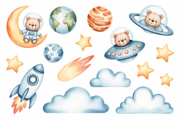 Watercolor space adventure elements for kids celebration. Cosmic teddy and planets for nursery birthday.