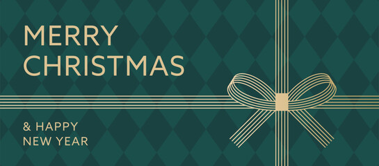Festive holiday banner design with gold gift ribbon and bow&nbsp;on dark green diamond pattern background.&nbsp;Christmas and New Year celebration concept.&nbsp;Flat vector illustration banner template