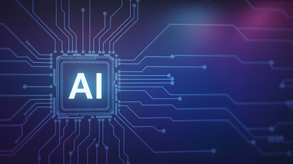 A glowing ai chip with interconnected lines on a blue and purple gradient background
