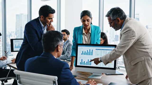 Collaborative team meeting with people gathered around a computer screen in a meeting room, engaging in a productive discussion about key information displayed on the digital display. - Powered by Adobe