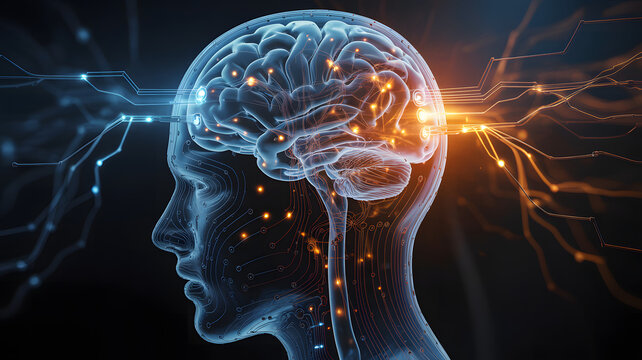 Transparent human head with visible brain and neural connections highlighted in orange