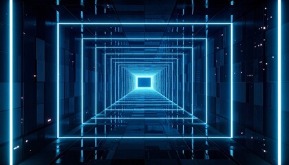 A futuristic digital tunnel filled with glowing blue light trails, streaming data lines, and geometric patterns rushing toward a bright vanishing point, creating a sense of speed, depth, and high-tech