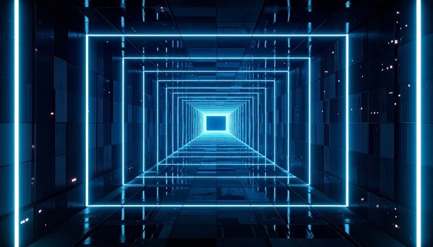 A futuristic digital tunnel filled with glowing blue light trails, streaming data lines, and geometric patterns rushing toward a bright vanishing point, creating a sense of speed, depth, and high-tech