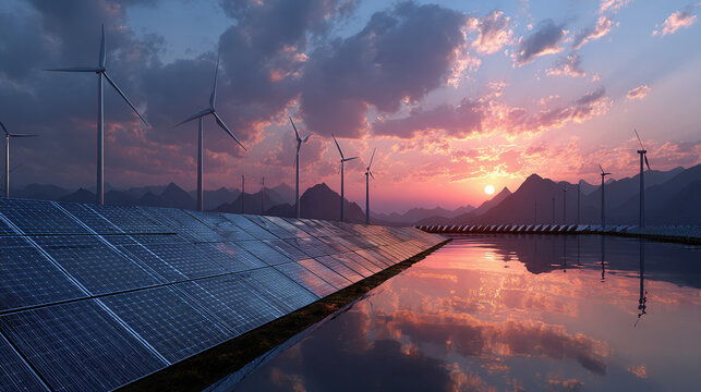 Panoramic view of renewable energy sources at sunset, featuring solar panels, wind turbines, and the serene reflection in the water. A symbol of sustainable future.