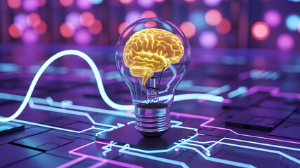 Glowing brain inside a lightbulb on a futuristic circuit board with bokeh background