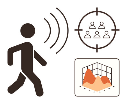 Person emitting waves, group focus target, and 3D graph illustration. Ideal for communication, audience targeting, data analysis, marketing, technology behavior tracking teamwork concept. Simple