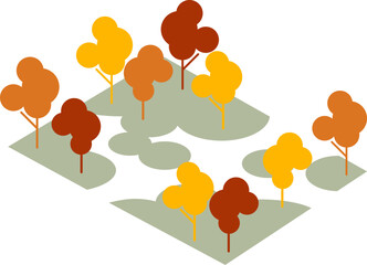 Isometric Autumn Forest Illustration. Axonometric Fall landscape. Eco Landscape, Stylized Trees Concept for Environmental and Urban Greening Projects.