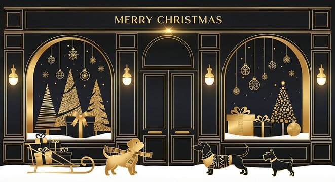 Elegant black and gold Christmas storefront with festive dogs and sparkling holiday decorations, perfect for a luxurious celebration