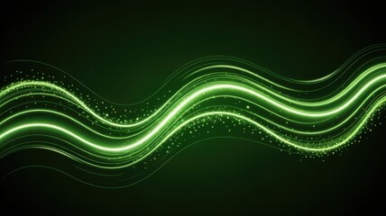 Abstract green glowing wavy lines with light particles flowing
