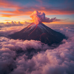 Majestic volcano erupting at sunset, surrounded by clouds.