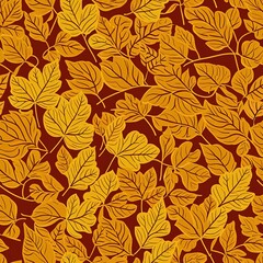 Multicolored yellow, orange and red leaves on a red background. Seamless pattern, one tile