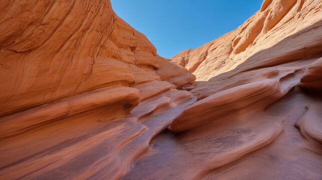 Dramatic view of desert canyon sculpted sandstone rock walls against blue sky - Powered by Adobe