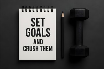 “Motivational Fitness Quote on Notepad with Dumbbell – Set Goals and Crush Them”