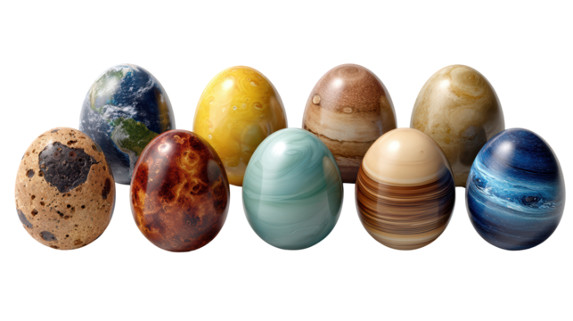 Planet-Themed Decorative Eggs on Transparent Background