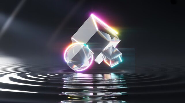 Vibrant neon glowing geometric shapes on dark liquid surface