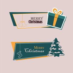 christmas banner with tree and gift, bells and sock set vector