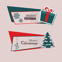 christmas banner with tree and gift, snowflakes and sock set vector