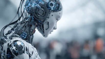 Conceptual representation of future technology, AI robot looking downward