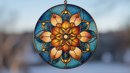 A stained-glass mandala art, displaying intricate floral patterns and vibrant colors. The artwork showcases symmetry and artistic details
