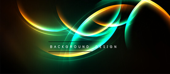 Abstract design features vibrant glowing curves. Dark background enhances luminosity, creating dynamic visual effect. Modern, sleek presentation.