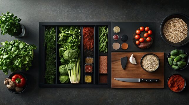 An overhead shot of a well-organized, modern kitchen counter with a variety of healthy ingredients, such as fresh vegetables, grains, and spices. A chopping board with a knife and half-cut fruits
