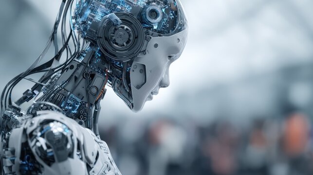 Conceptual representation of future technology, AI robot looking downward