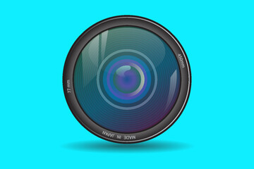 Front view of photo camera lens isolated on blue background. Vector illustrtion