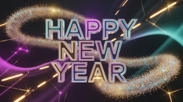 Happy new year glowing text with sparkling trails and light streaks - Powered by Adobe