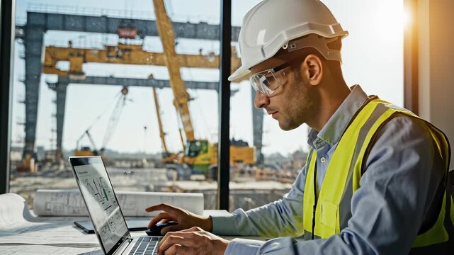 Construction worker in emuwk attire intensely focuses on laptop computer amidst busy building site, highlighting technologys role in modern construction processes, perfect for illustrating.