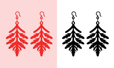 Monochrome and Red Christmas Fern Leaf Dangle Earring Silhouette and Icon Set