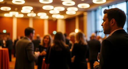 Corporate event networking with diverse professionals in an elegant setting