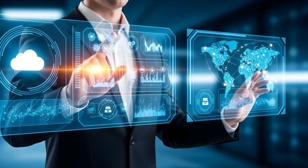 Businessman interacting with futuristic holographic interface displaying global data and cloud computing