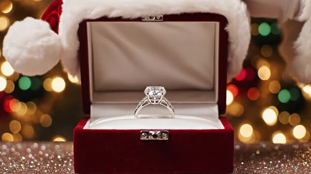 Santa's red velvet hat with white trim lifts, revealing a diamond ring sparkling in a velvet box. A perfect gift for Christmas or New Year's