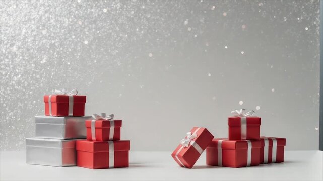 Presents in red and silver with white bows sit on a table against a glittery backdrop - Powered by Adobe