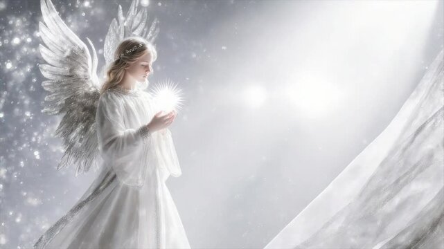 A radiant angel, wings extended, holding a glowing star, in a serene, celestial setting