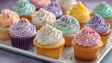 Colorful cupcakes with whipped frosting and pastel sprinkles arranged on a tray, perfect for festive food content, recipe book or web site, culinary blog and menu.