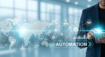 Businessman using digital tablet with automation and global network visualization