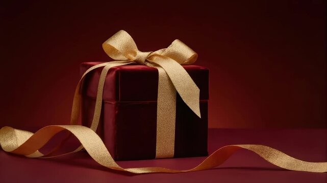 A maroon gift box with a golden bow and ribbon against a matching gradient background