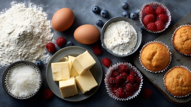 Muffin baking ingredients including flour, eggs, butter and berries, creative kitchen composition. Ideal for recipe book or web site, culinary blog and menu