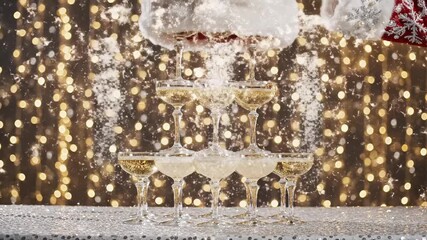 A static shot in the center: a gloved hand lifts Santa's red velvet hat with fur trim, and from beneath it magically emerges a pyramid of champagne flutes, gold splashes, and soft lighting in the - Powered by Adobe
