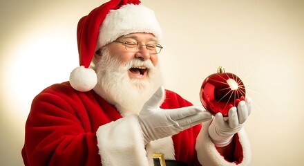 A jolly Santa Claus with a white beard and glasses, smiling as he holds a shiny red Christmas ornament.