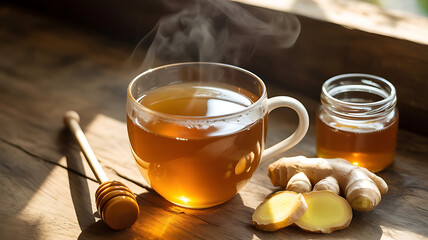 Steaming hot cup of ginger and honey tea on a rustic wooden table with fresh ginger root slices and a honey dipper nearby